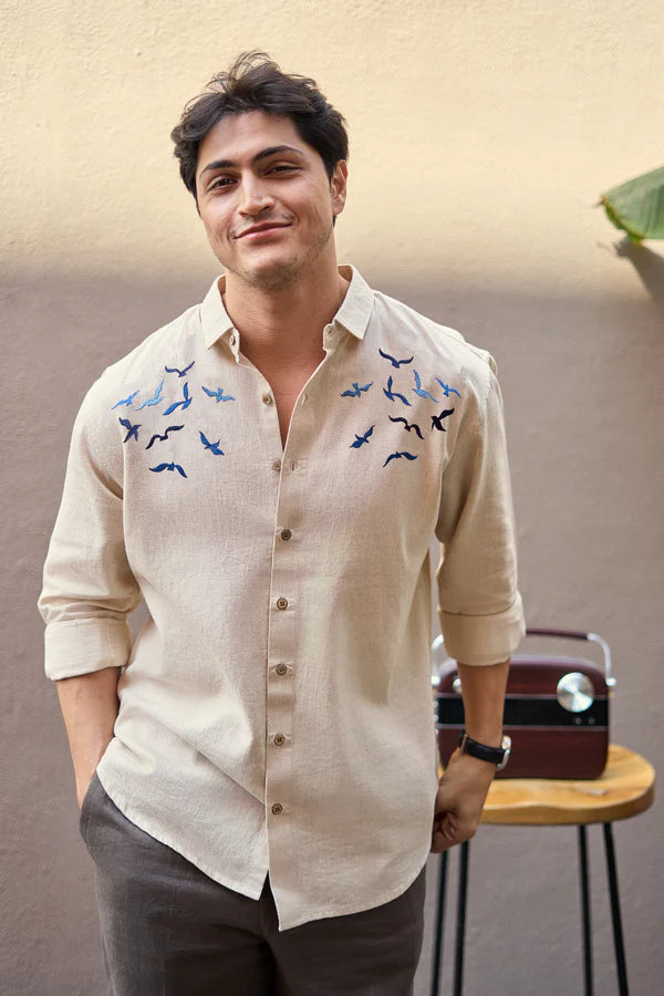 Viral Cotton Regular Fit Beige Embroidery Shirt