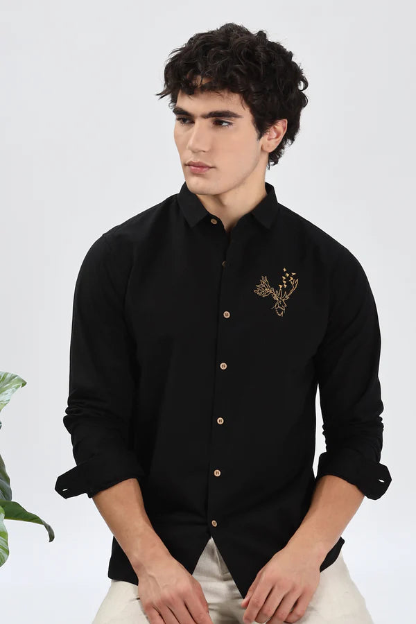 Arctic Reindeer Cotton Regular Fit Black Embroidery Shirt (Copy)