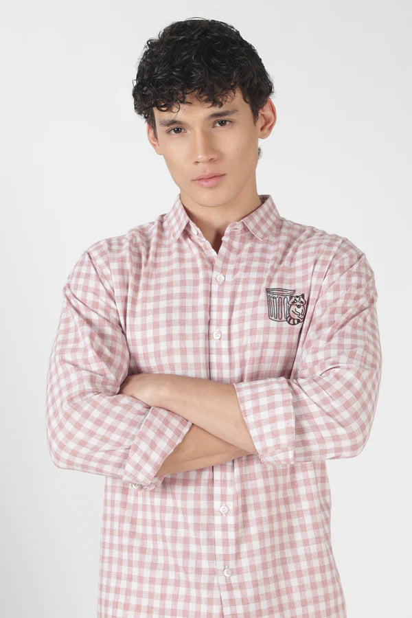 Playful Raccoon Cotton Regular Fit Pink Embroidered Shirt
