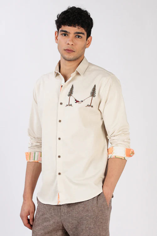 Cotton Regular Fit Beige Embroidered Shirt