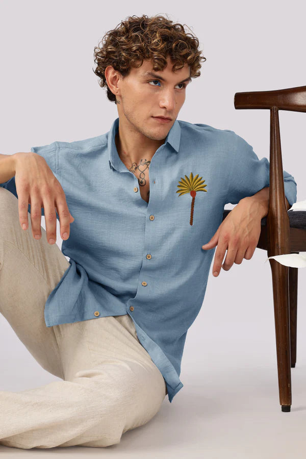 Palm Cove Breeze Cotton Regular Fit Blue Embroidered Shirt