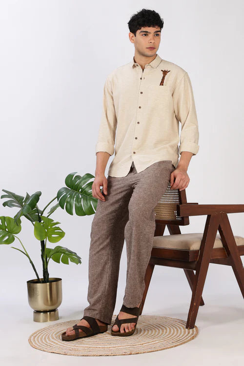 Gentle Giraffe Cotton Regular Fit Beige Embroidered Shirt